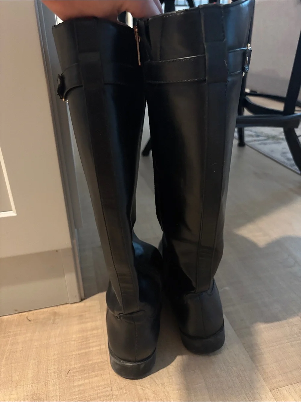 Tommy Hilfiger Black Over-the-Knee Leather Riding Boots with Gold Buckle